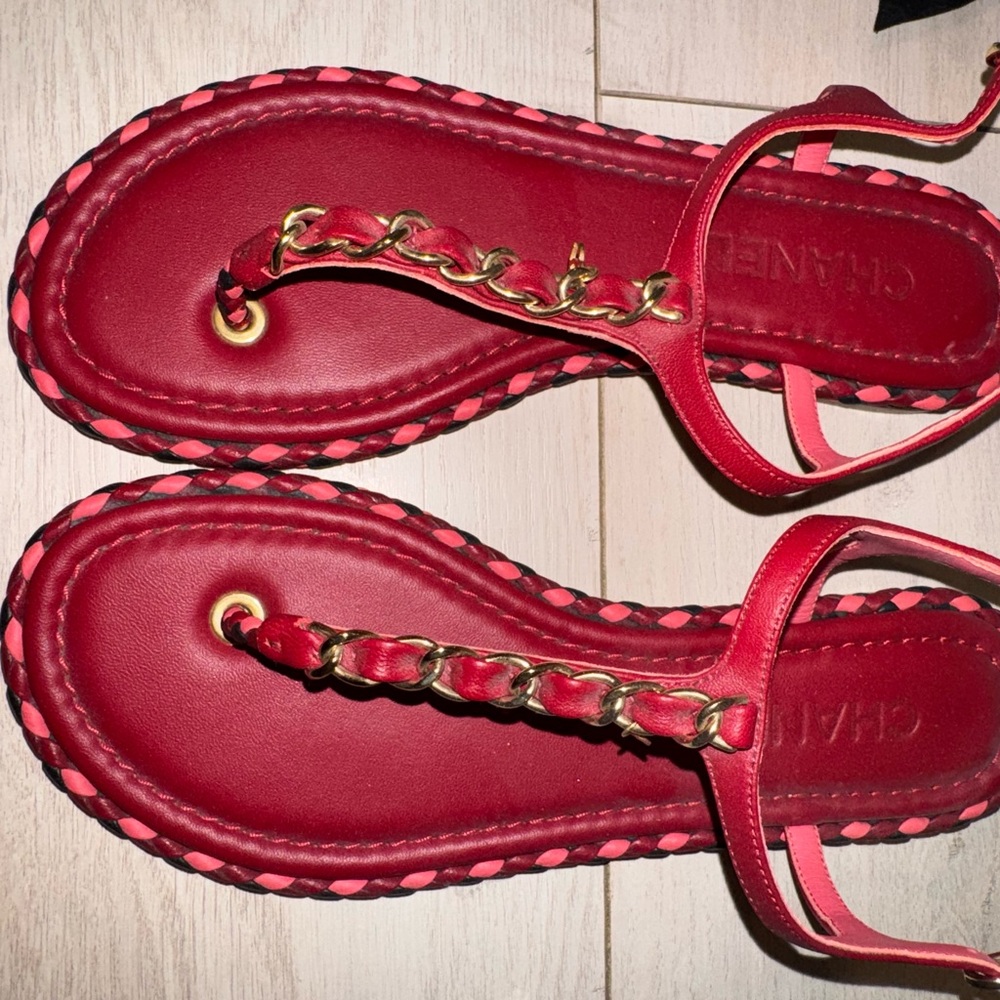 CHANEL Red and Gold Chain Sandals